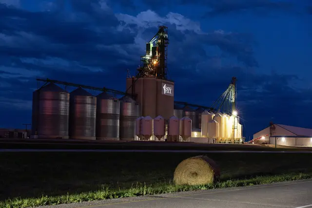 Grain terminal lit up at dusk